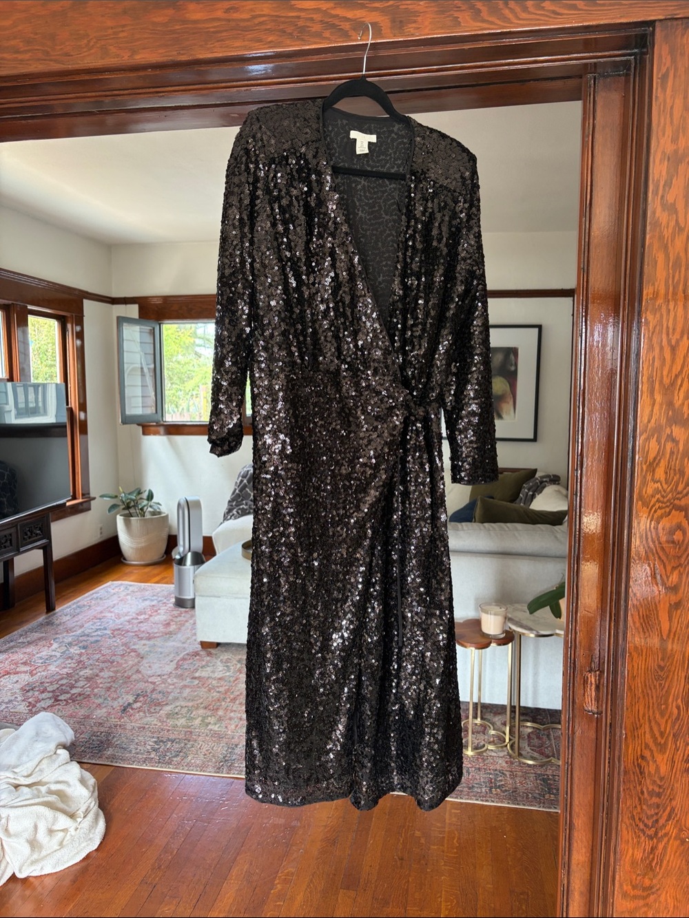 H&M Black Sequin Midi Wrap Dress with Long Sleeves